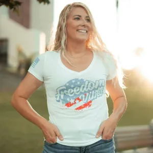 Women's Freedom Vibes V-Neck - White Casual Fit High Density Cotton