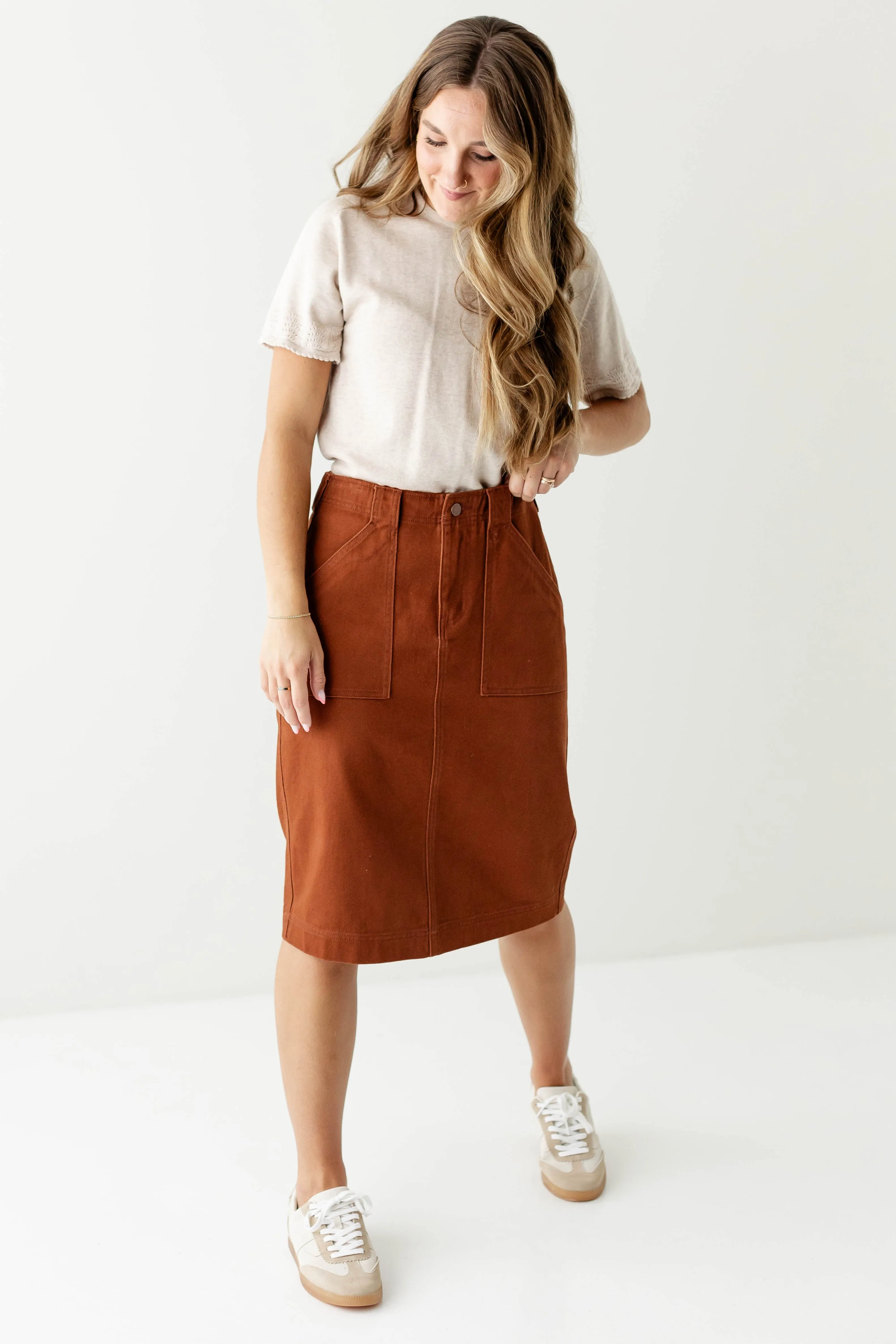 Minimal Vibes Bold Cut Crisp Fit 'Keisha' Knee Length Denim Skirt