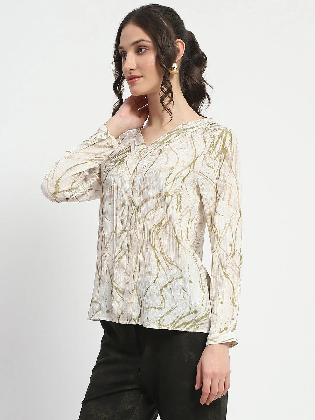 Madame Rayon Blend Abstract Print Green Top OdorResistant Coating Timeless Blazer