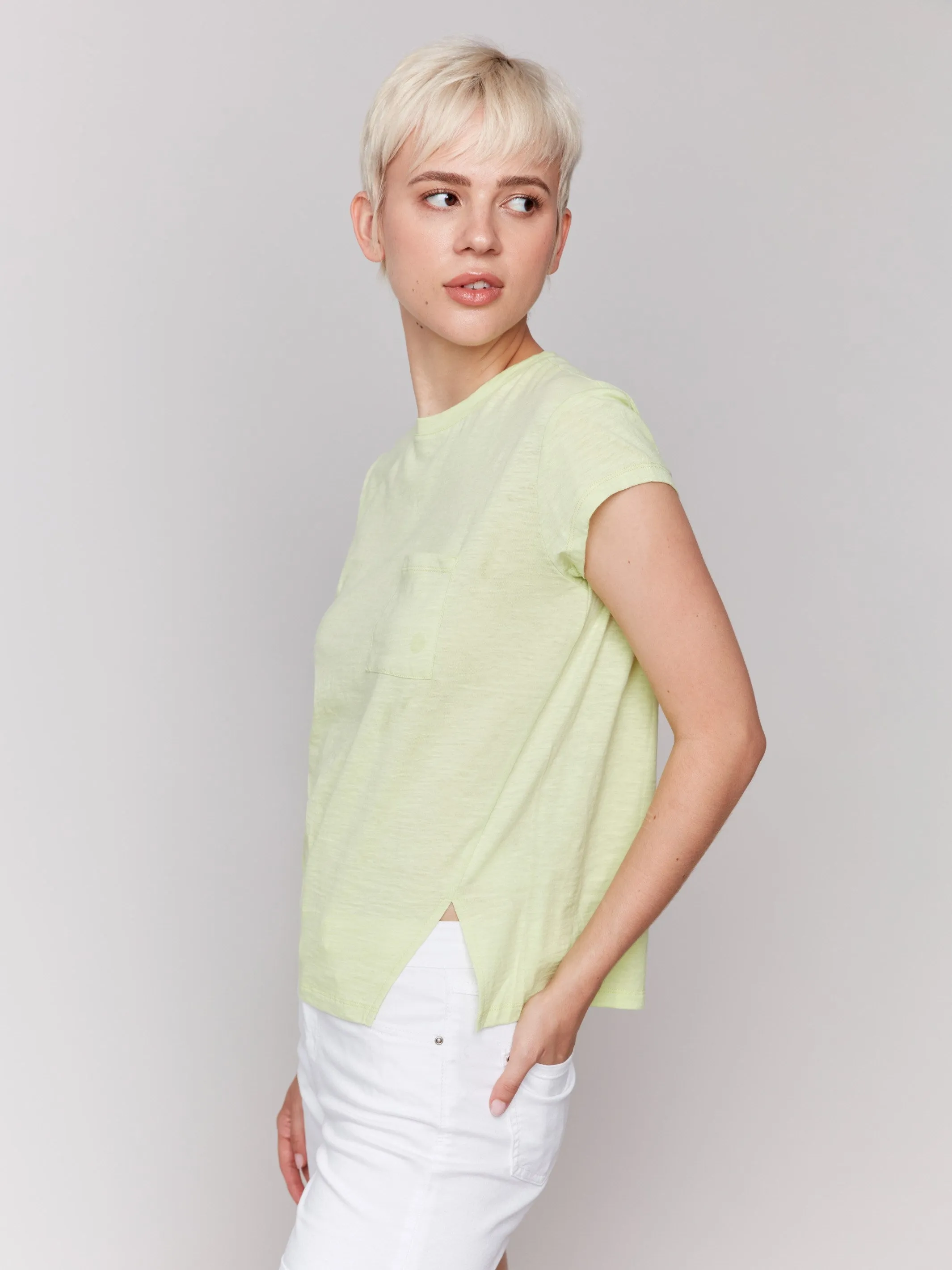 Organic Cotton Cap Sleeve T-Shirt with Slit Detail - Keylime Smooth Yarn NonBindingEdges