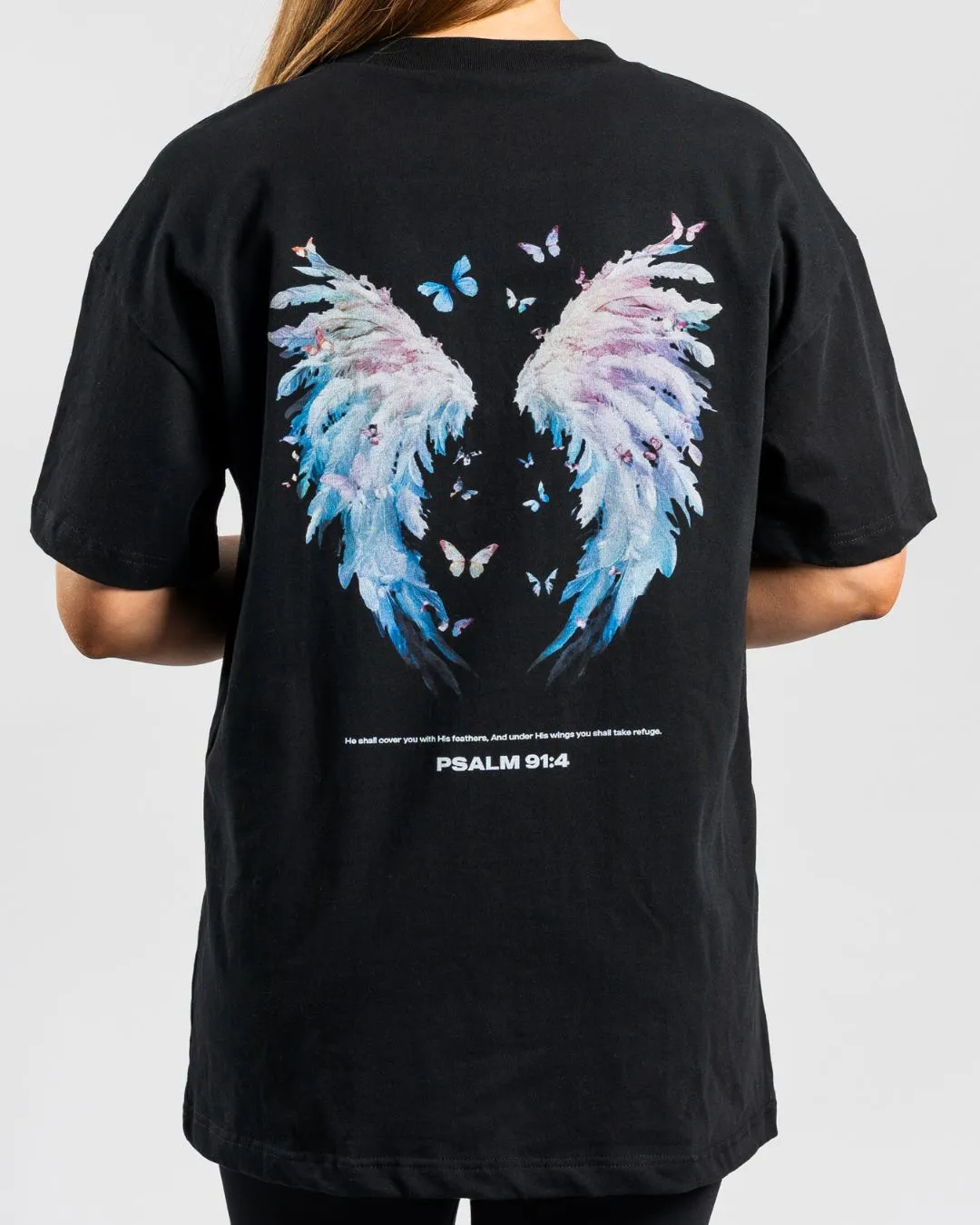 Cozy Layering Geometric Pattern Psalm 91:4 'Under His Wings' Women??s Oversized T-Shirt