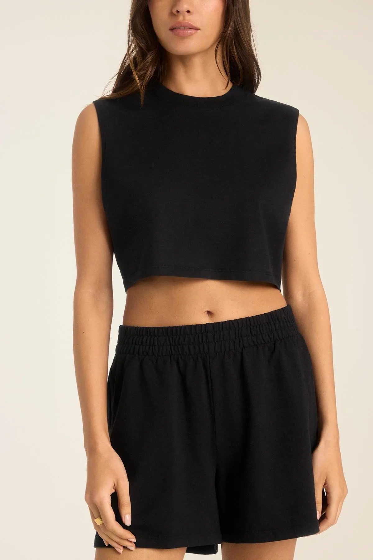 Strategic Mesh Placement Coast Crop Muscle Tank - Black Cotton Jersey