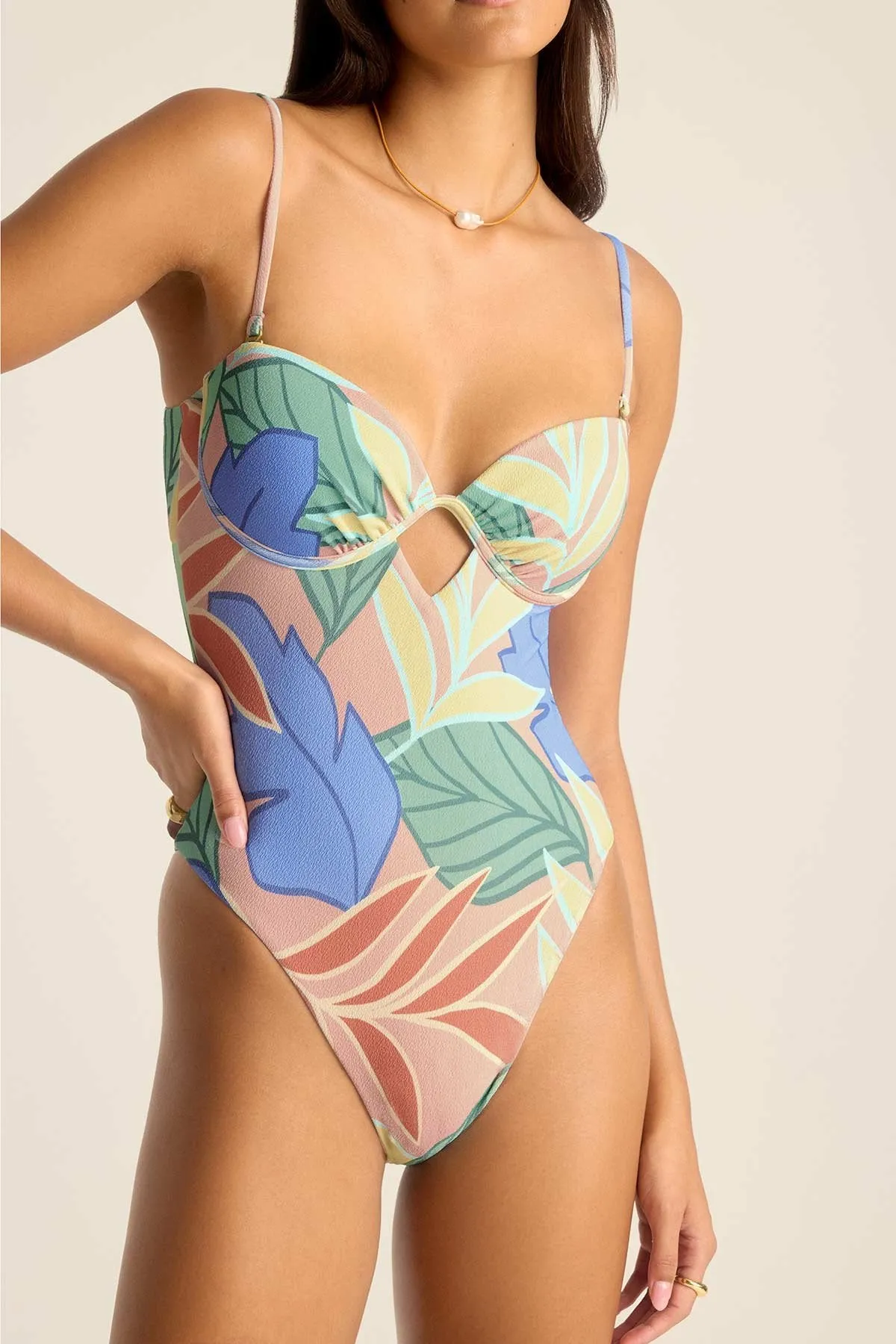 Mabel Underwire Bandeau One Piece - Retro Jungle Crepe Texture Romantic Escape