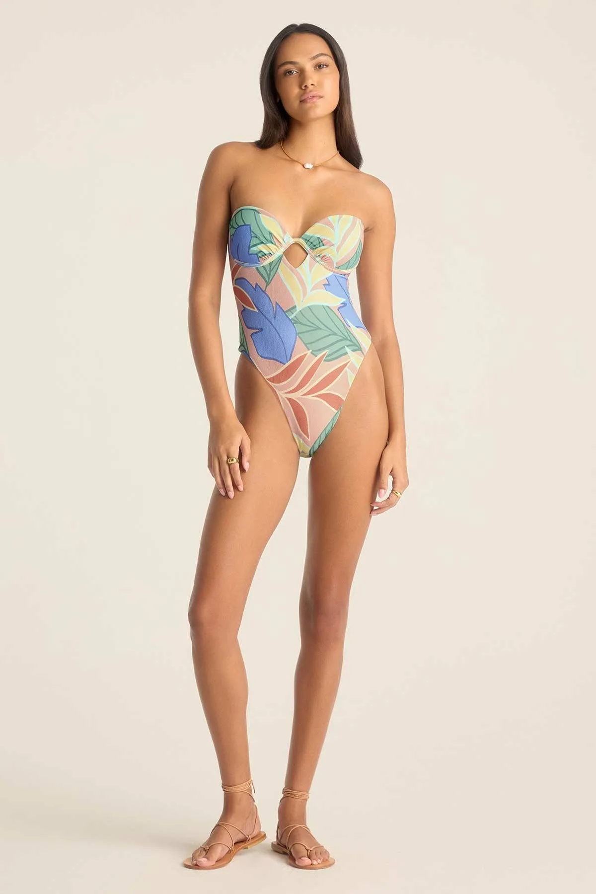 Mabel Underwire Bandeau One Piece - Retro Jungle Crepe Texture Tangle Free Straps Sand Resistant Lining