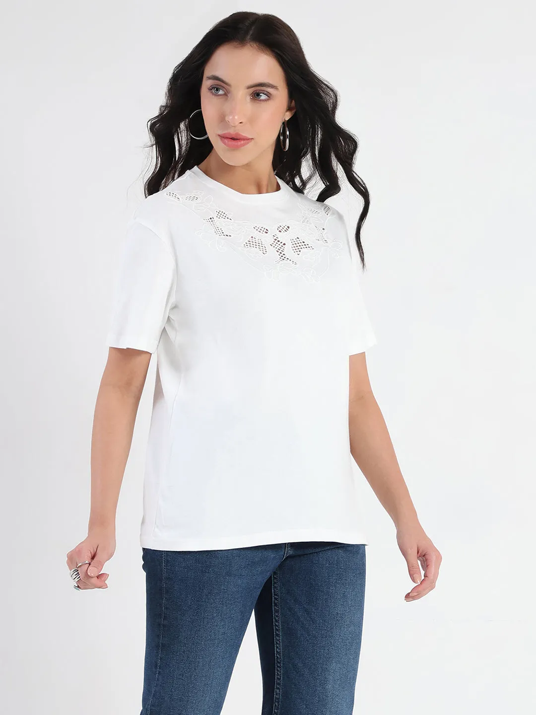 Madame Embroidered Round Neck White Cotton Lycra T-shirt City Outfit