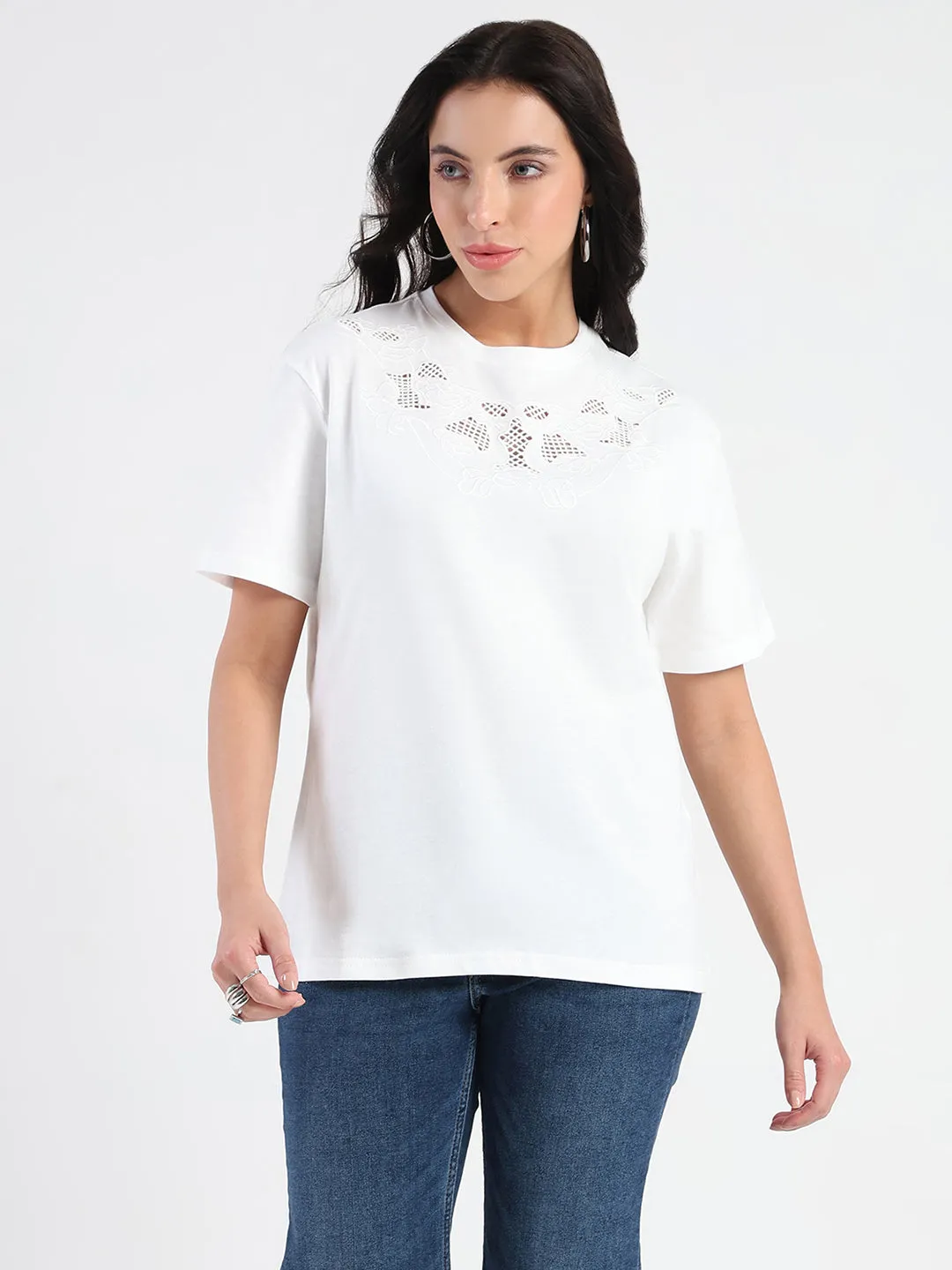 Smart Layer Madame Embroidered Round Neck White Cotton Lycra T-shirt
