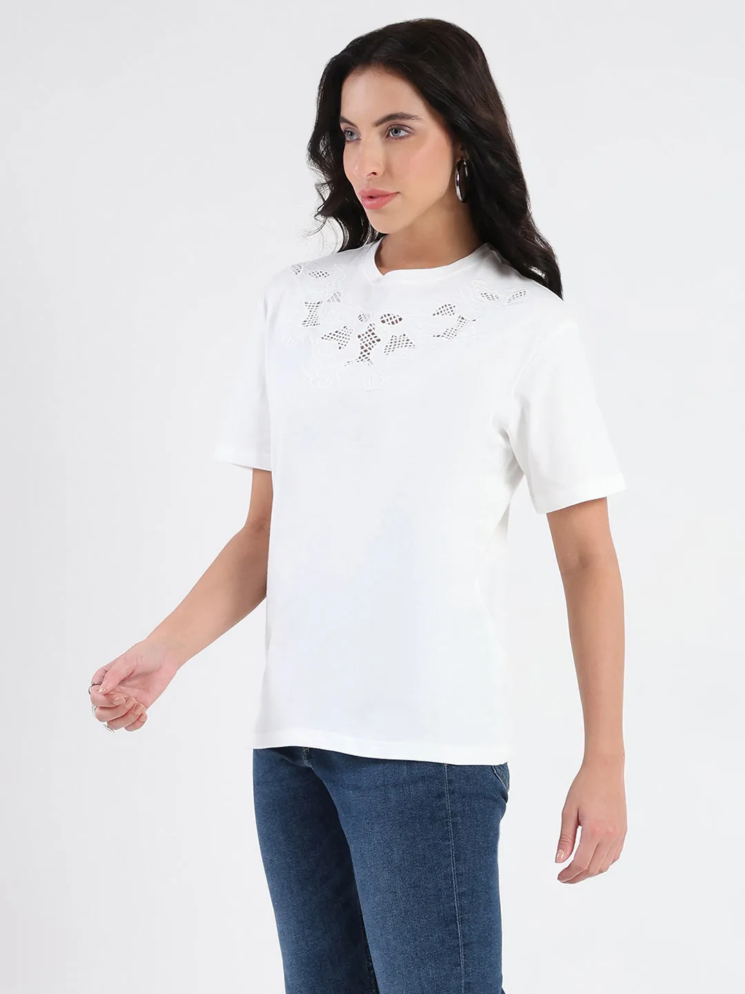 Madame Embroidered Round Neck White Cotton Lycra T-shirt Casual Chic Wear