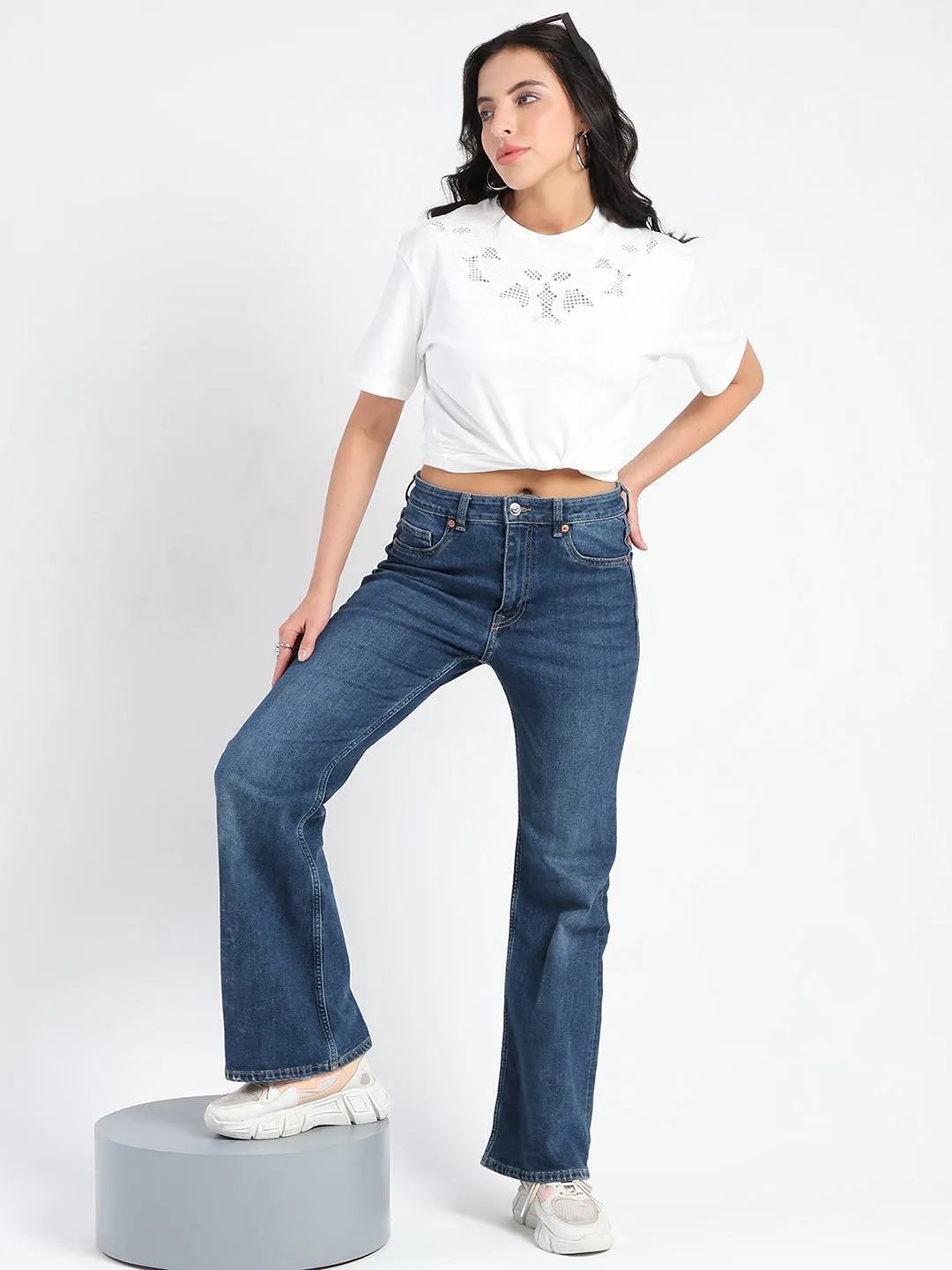 Soft Touch Fabric Tubular Knit Structure Madame Embroidered Round Neck White Cotton Lycra T-shirt