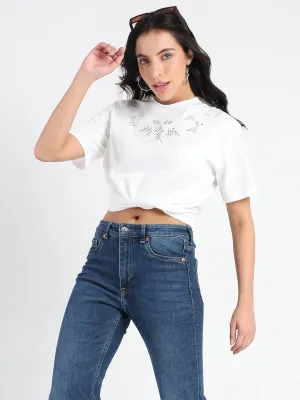 Madame Embroidered Round Neck White Cotton Lycra T-shirt RibbedNeckBanding