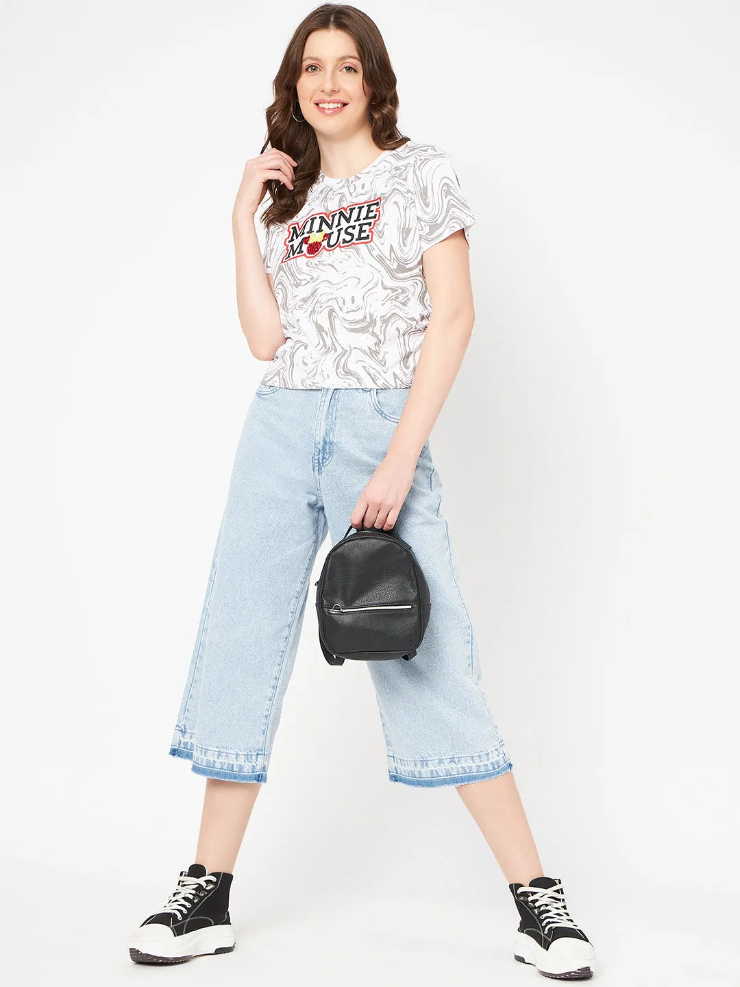 Madame Front and Back Disney Printed Cotton White T-Shirt Comfort Fit Essential Wardrobe