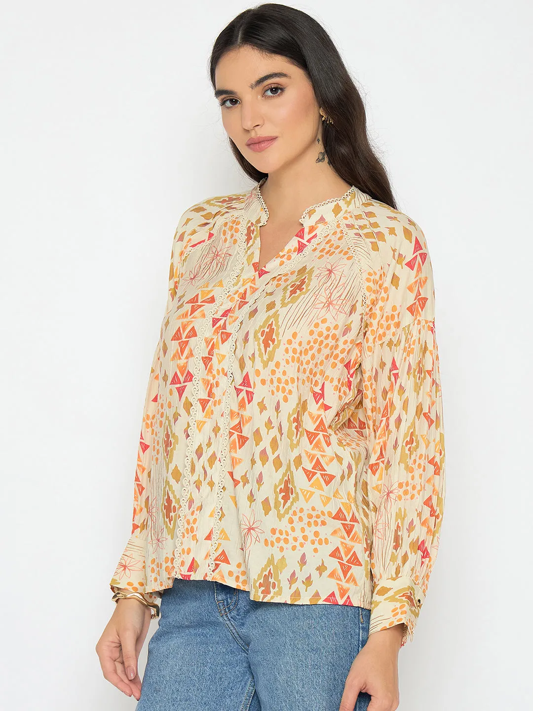 Kind Soul Madame All Over Print Beige Rayon Blend Top