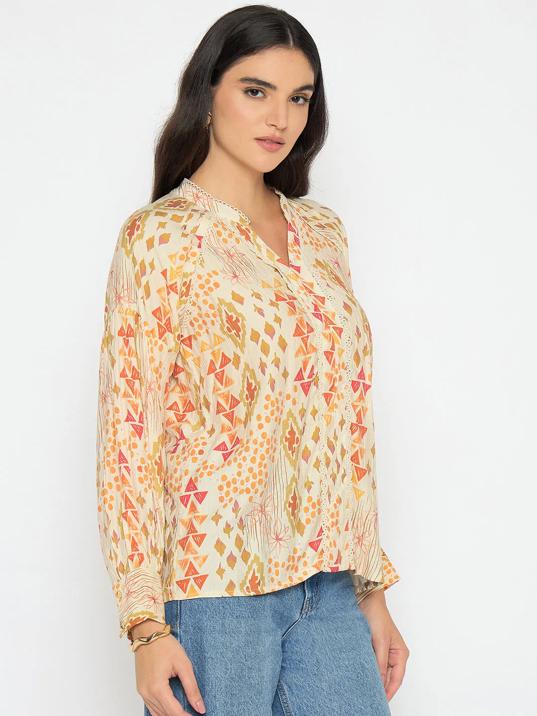 Village Charm NonIrritating Seams Madame All Over Print Beige Rayon Blend Top