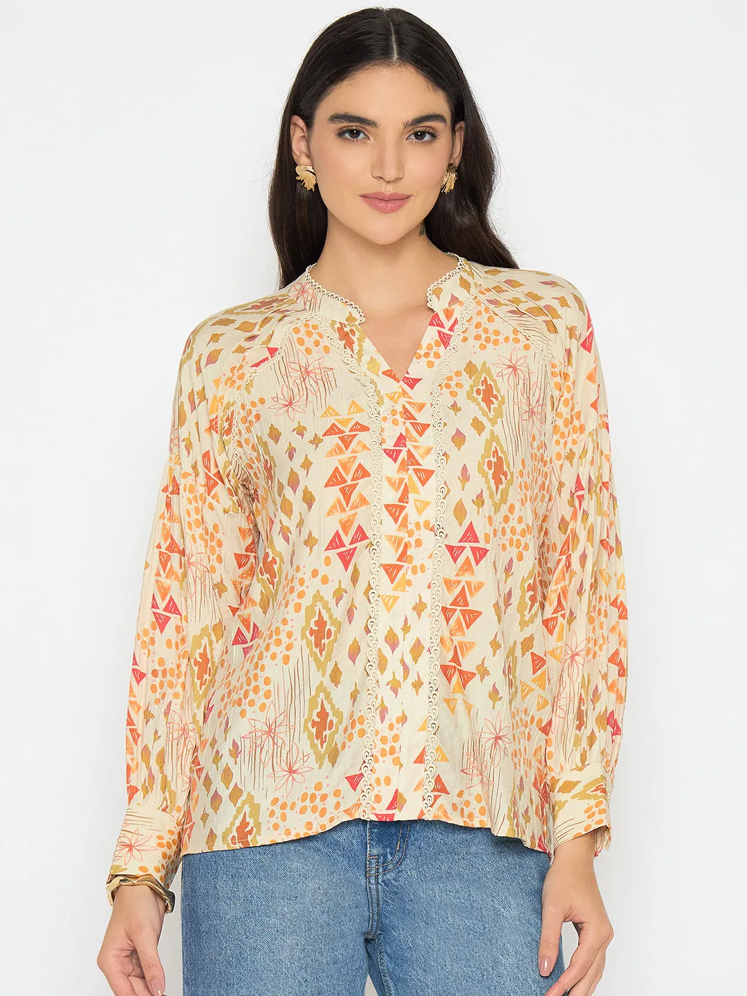 Madame All Over Print Beige Rayon Blend Top FadeResistant Dye Flash Core