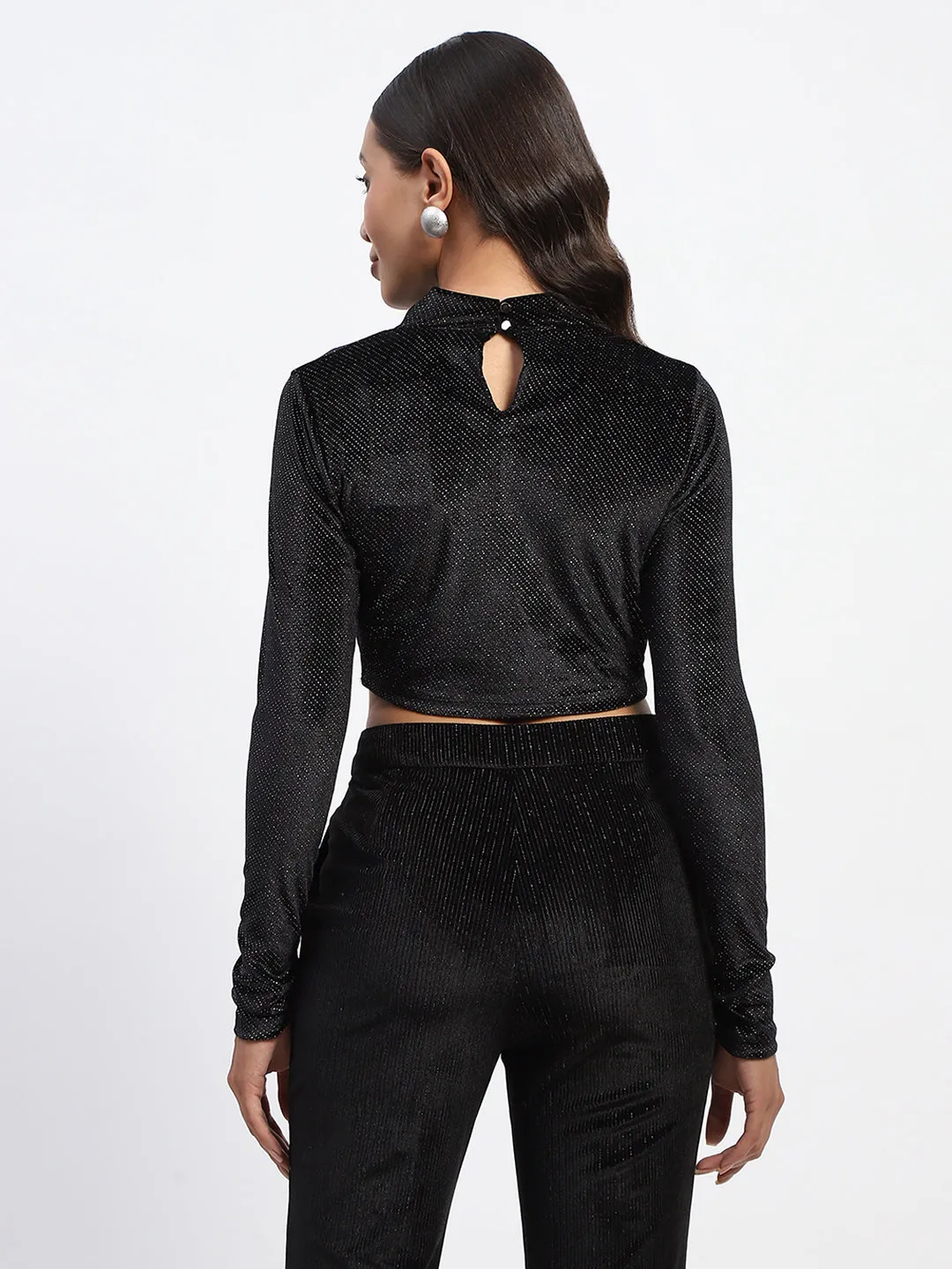 Breathable knit Madame Shimmery Wrap Black High Neck Crop Top