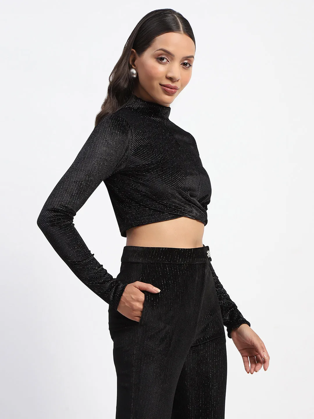 EcoFriendly Dye Athletic Hoodie Madame Shimmery Wrap Black High Neck Crop Top