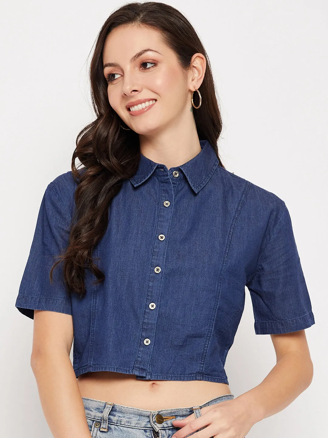 Colorfast Dye Madame Shirt Collar Denim Crop Top
