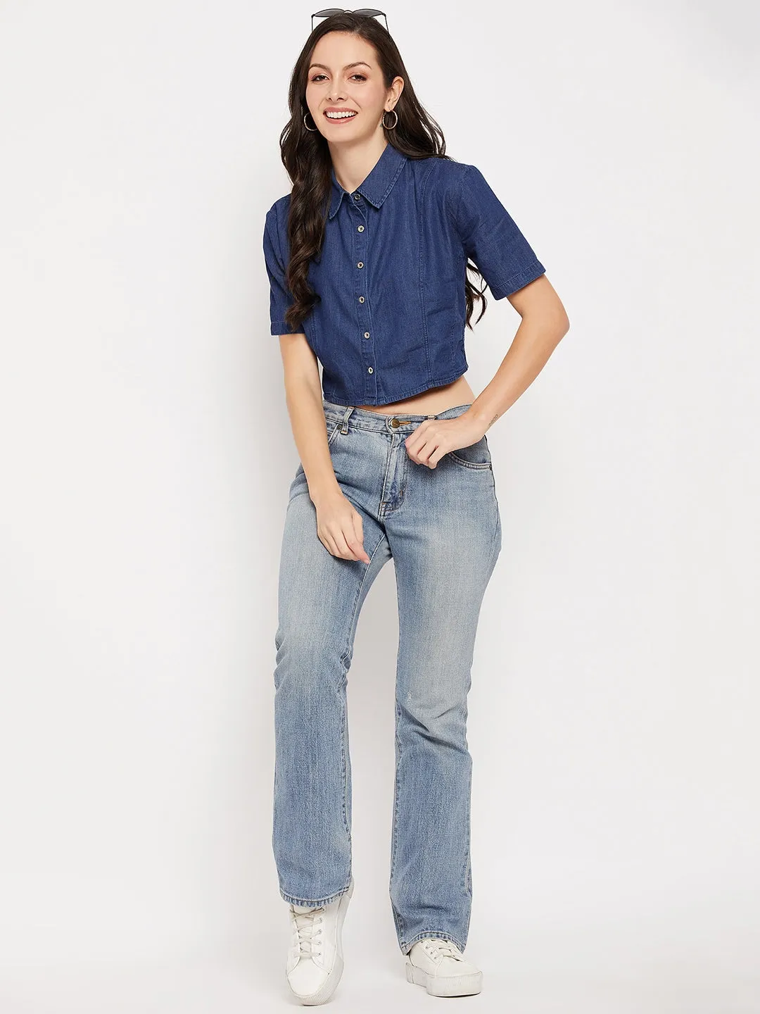Madame Shirt Collar Denim Crop Top Stylish Fashion