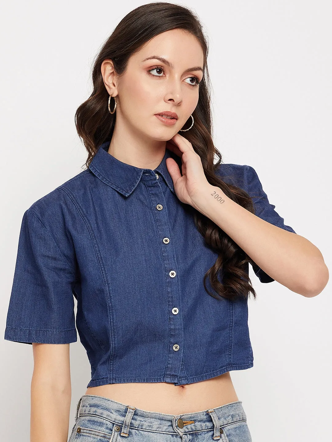 Cozy Vibe Madame Shirt Collar Denim Crop Top