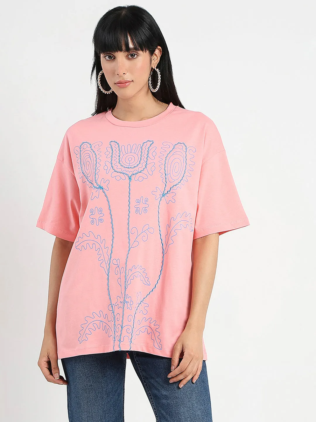 Slim Silhouette Comfort Fit Madame Floral Print Oversize Fit  Peach Cotton T-shirt