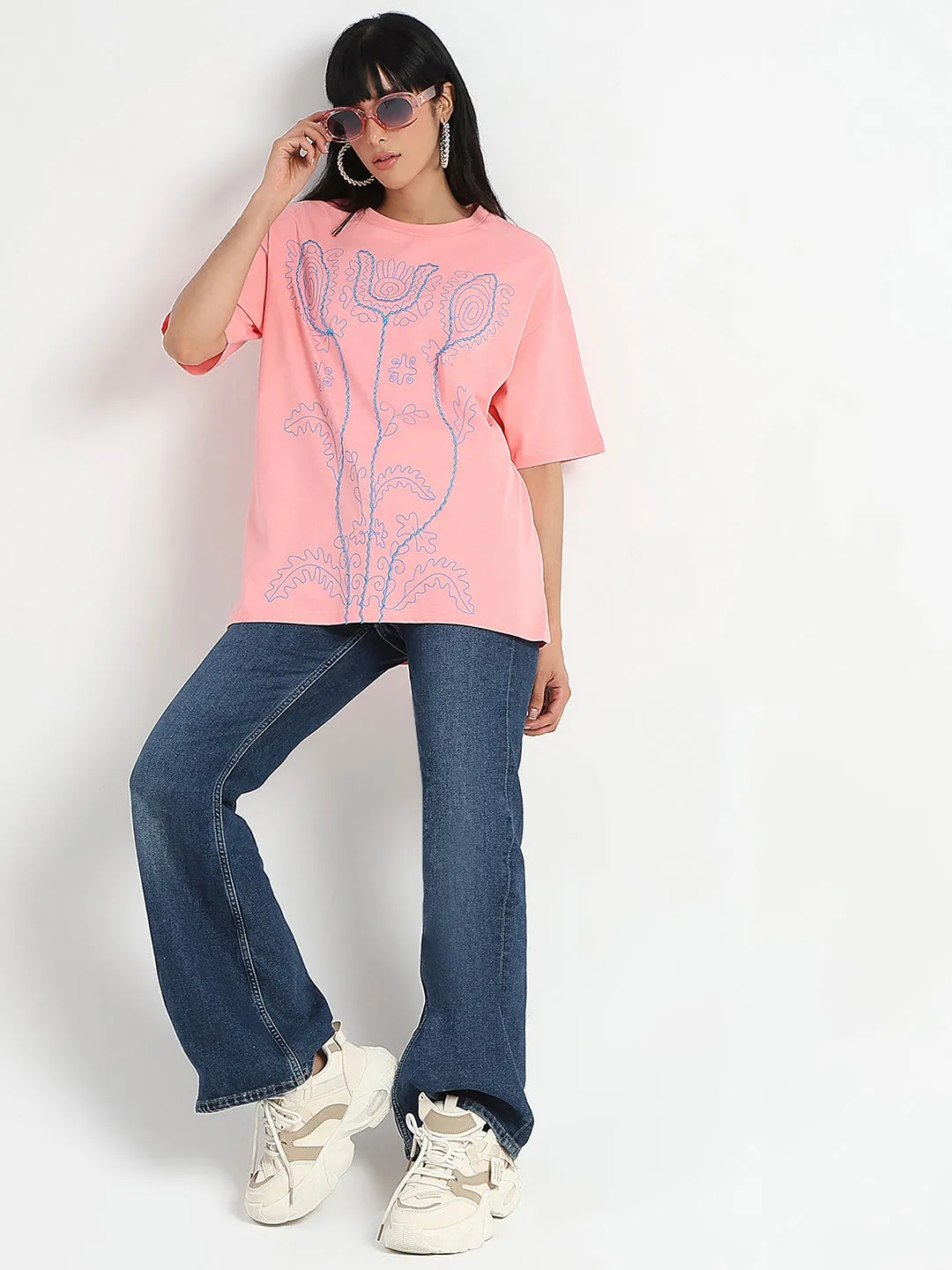High-Quality Cotton Madame Floral Print Oversize Fit  Peach Cotton T-shirt