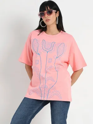 Elderly Comfort Layered Hem Detail Madame Floral Print Oversize Fit  Peach Cotton T-shirt