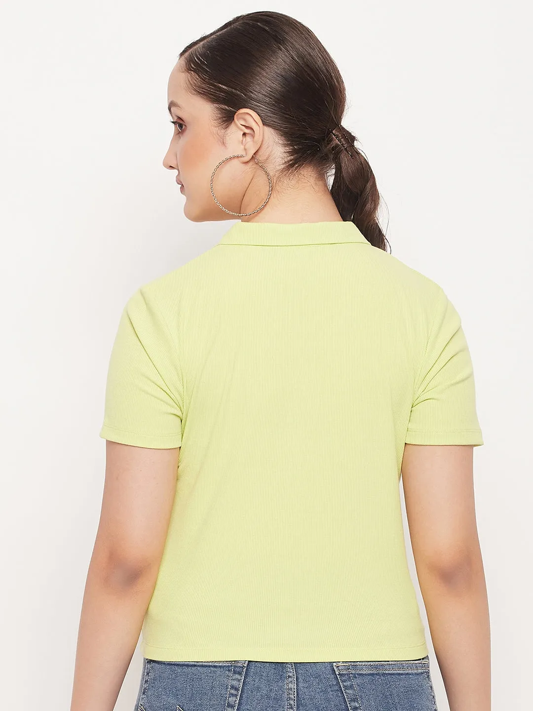 Comfy Wear Easy-to-Style Top Madame Solid Green Cotton Collared Tshirt