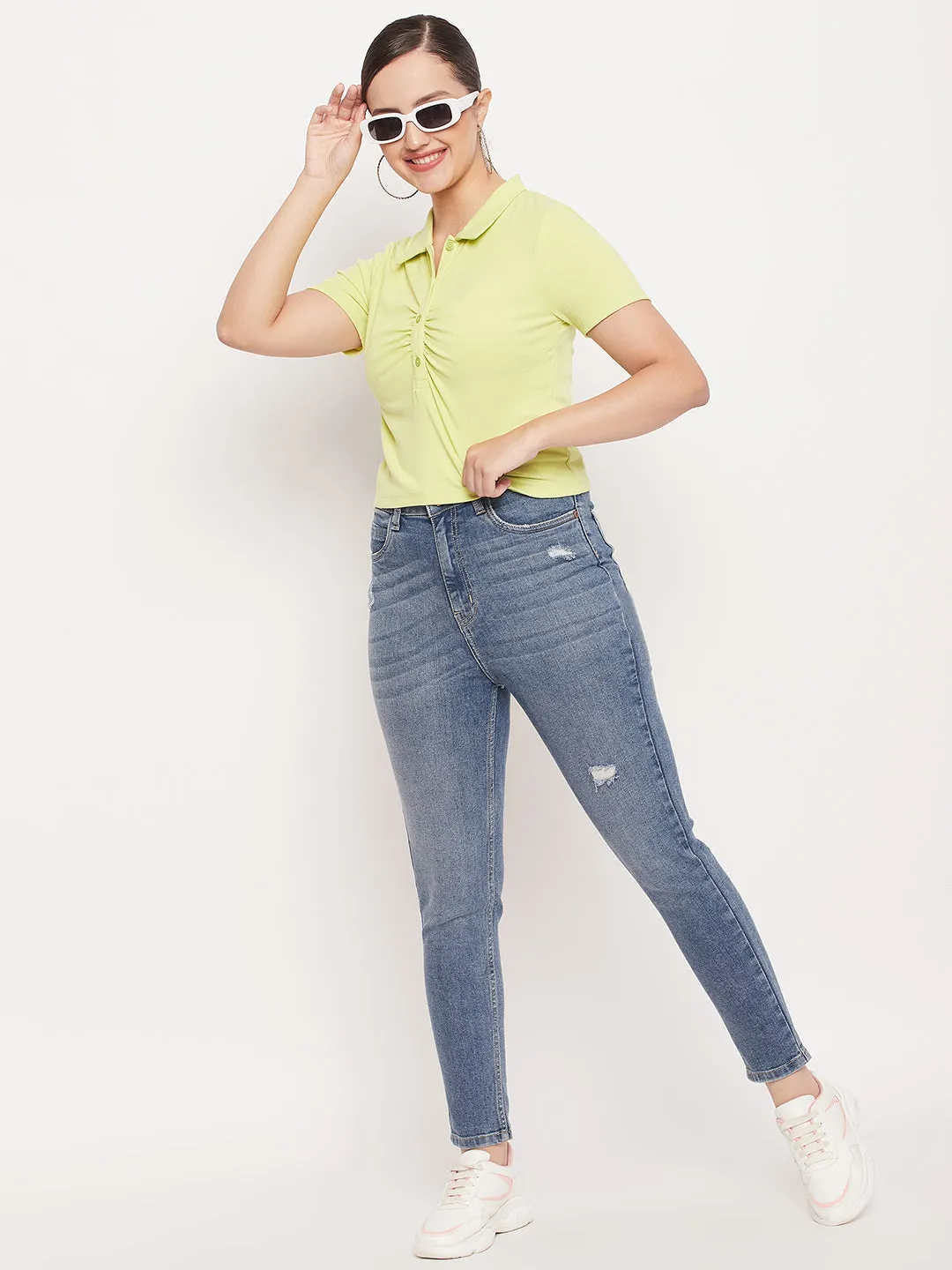 Madame Solid Green Cotton Collared Tshirt Breathable Look