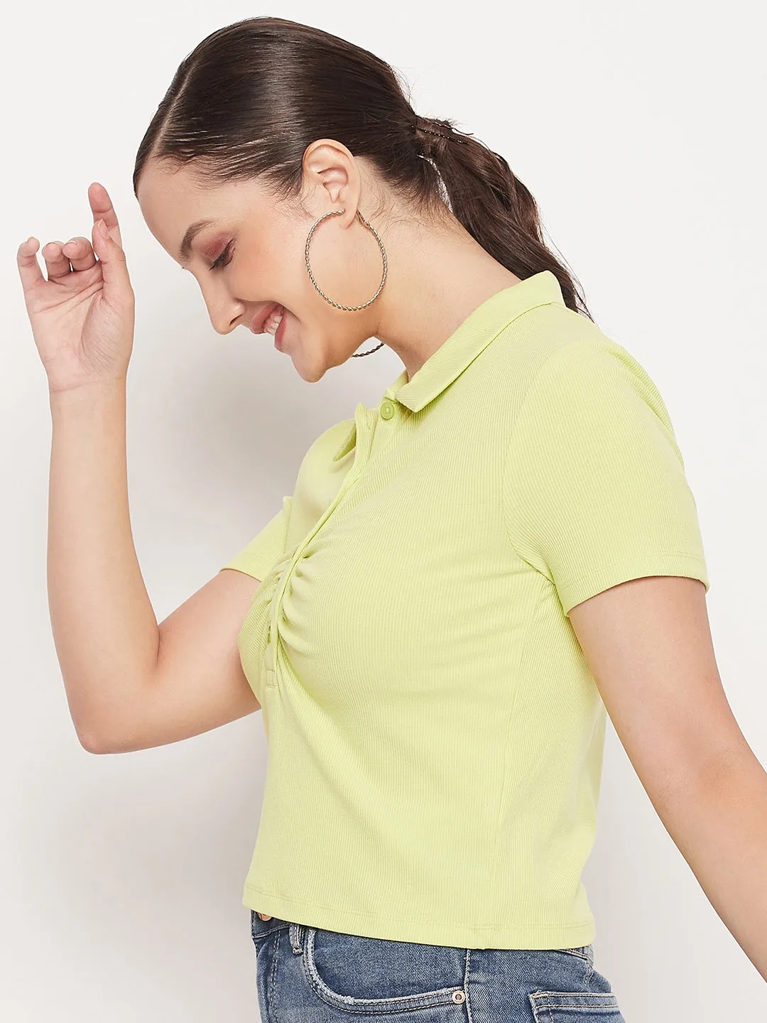 Zero Waste Production Madame Solid Green Cotton Collared Tshirt