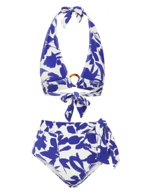 Erin Top   Side Tie High Waist Bottom in Moraea Garden Flat Lock Stitching