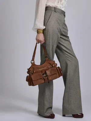 Grey micro herringbone high-waisted trousers Adjustable loop MoistureWicking