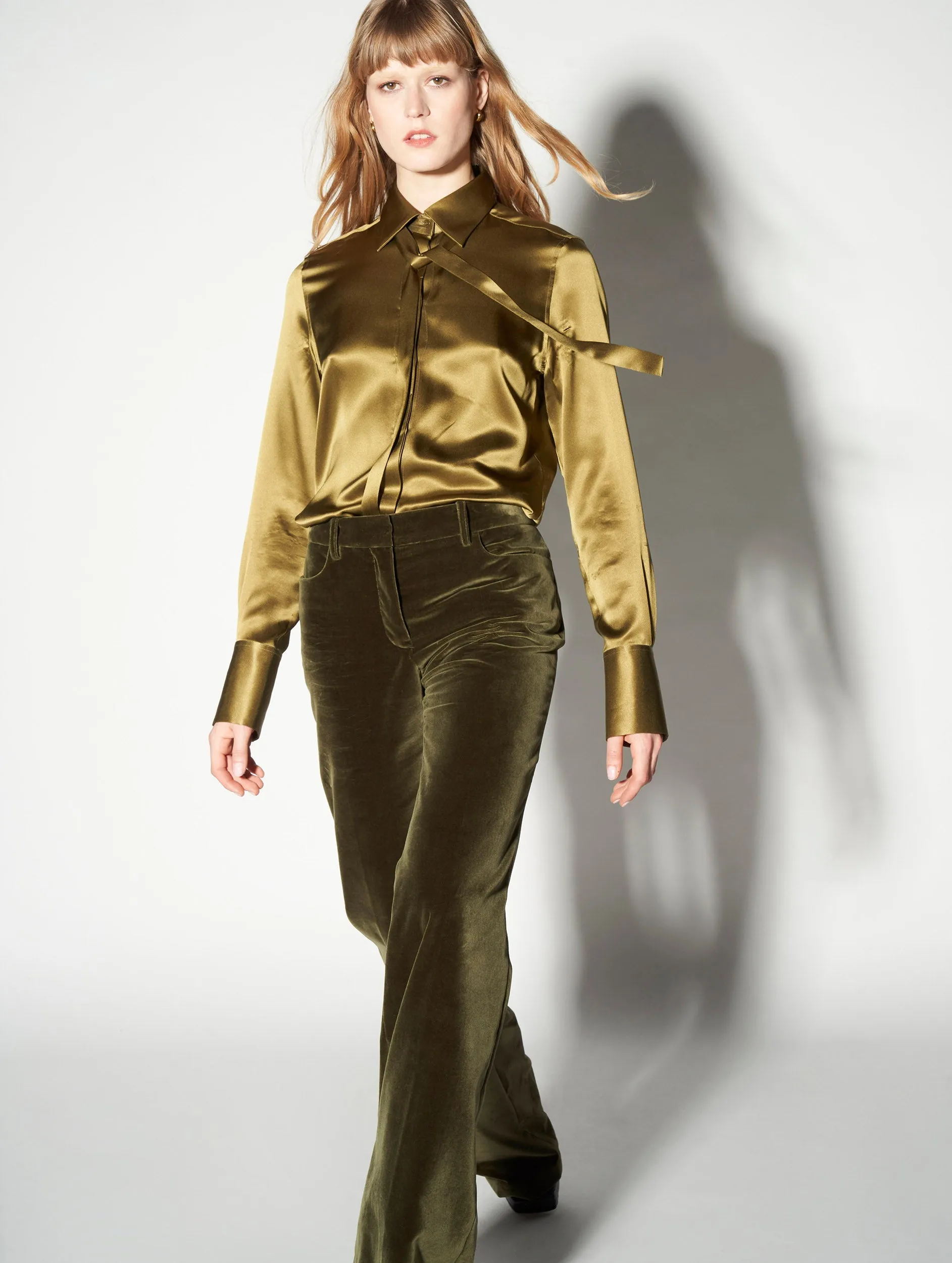 Flared olive velvet trousers Anti Odor Technology Light Reflective Details