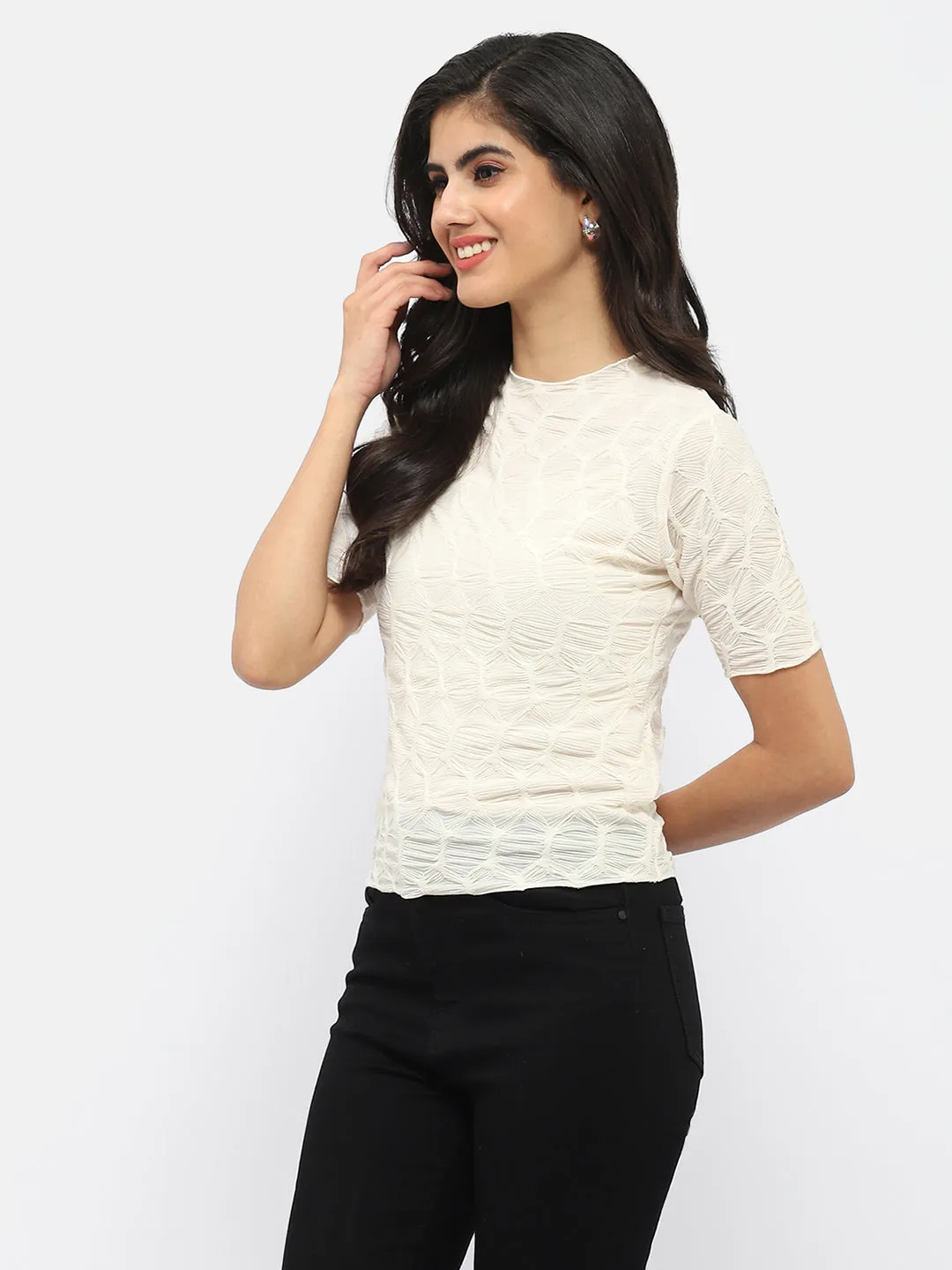 Madame Lettuce Hem Beige Crinkled Top Art Mood