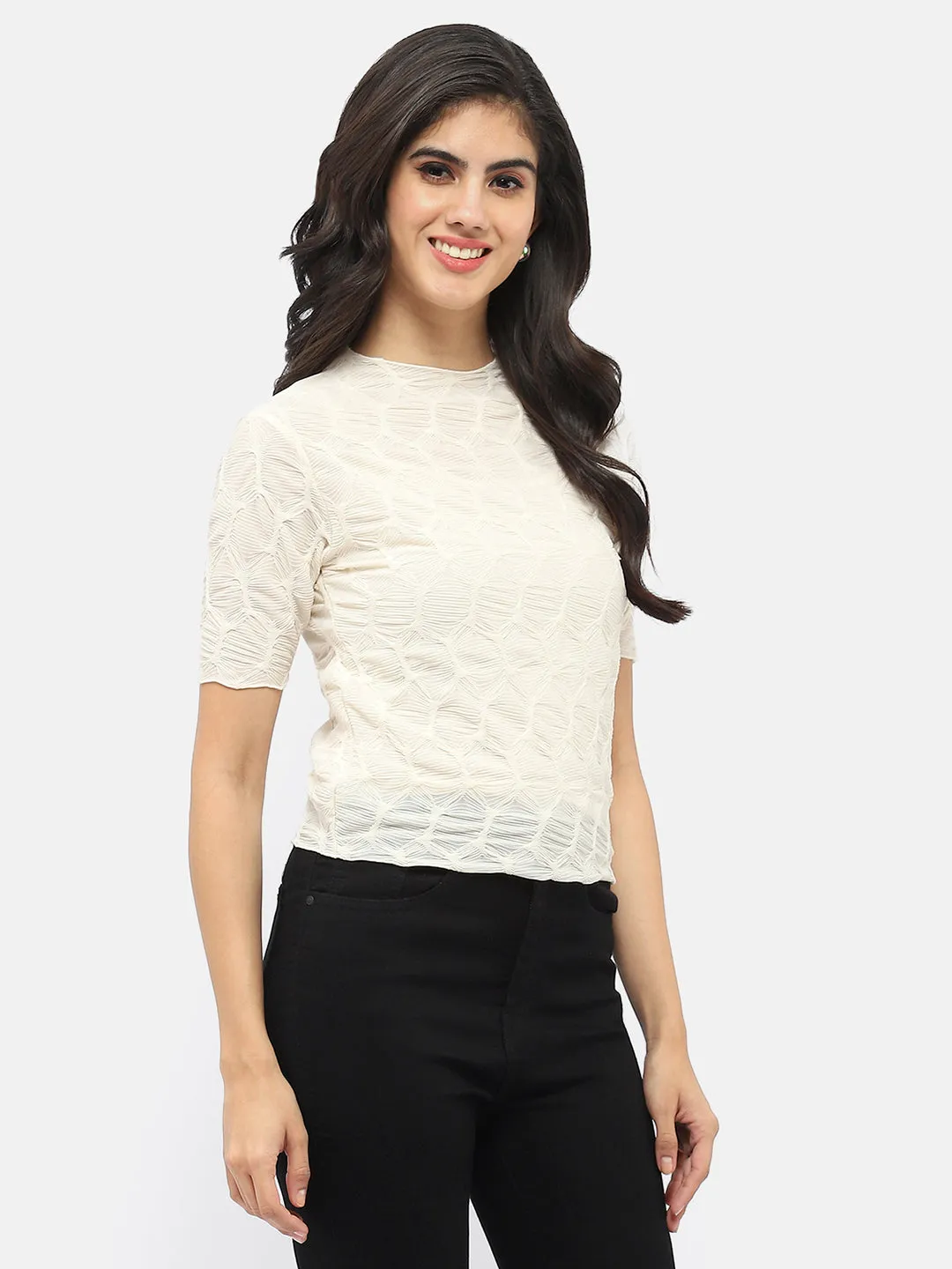 Star Light Essential Tee Madame Lettuce Hem Beige Crinkled Top
