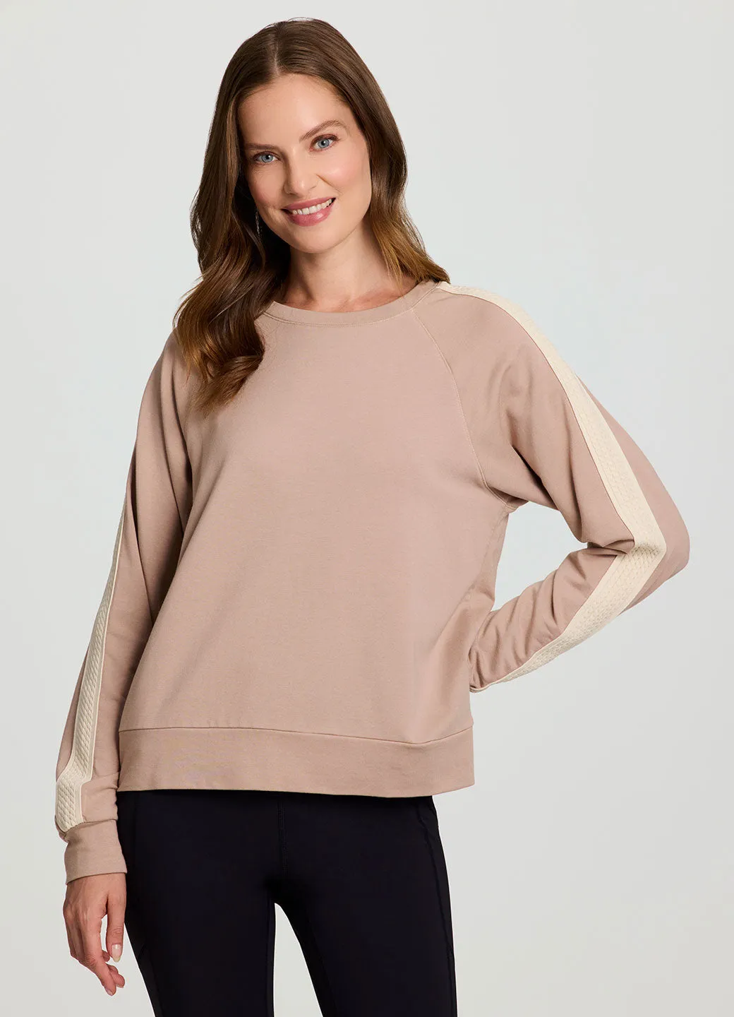 Stretch Fit Daily Routine Active Lifestyle Studio Practice Bold Light Cozy Day Pullover With Crochet Trim