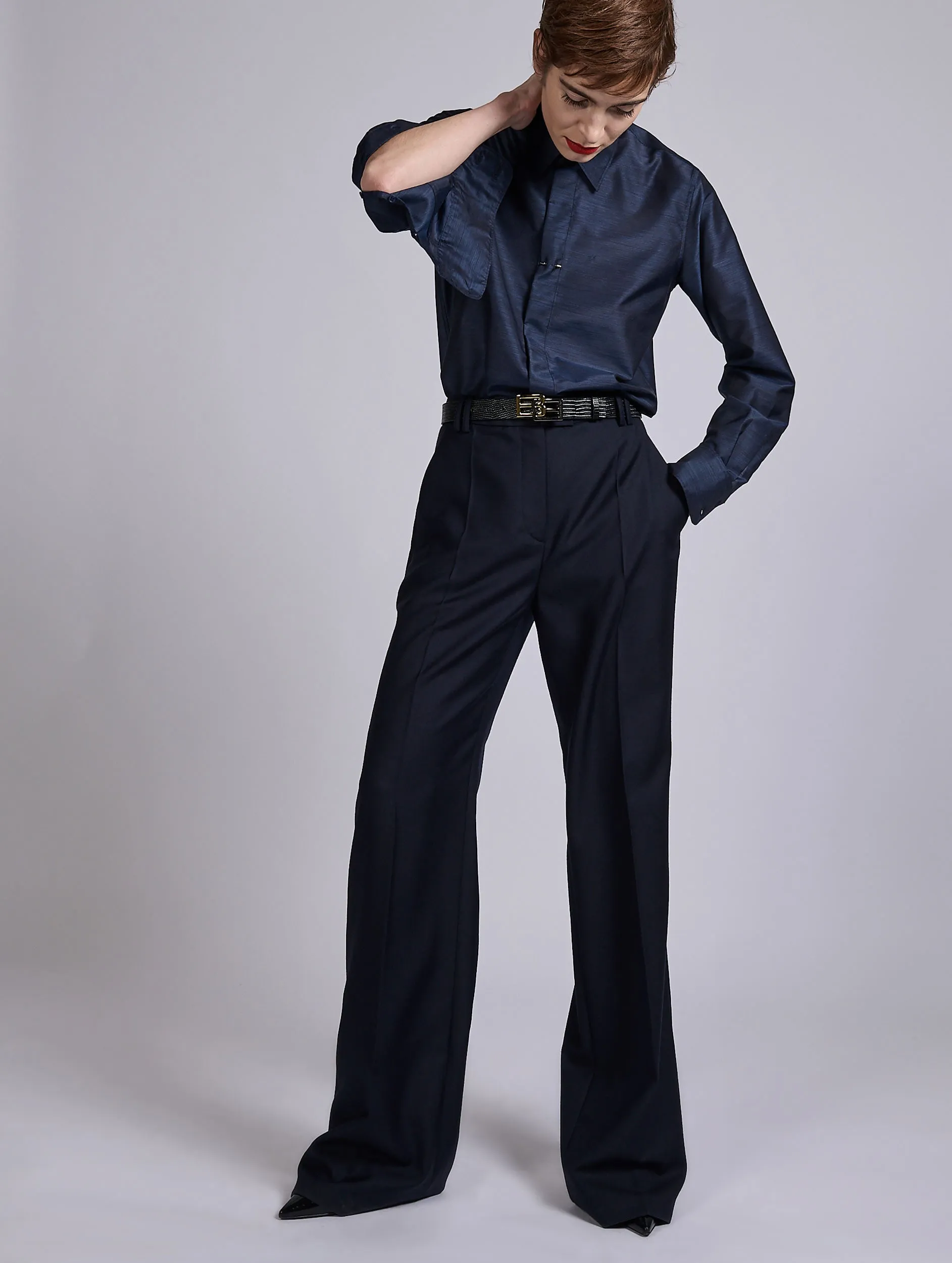 Navy wide-leg wool and cashmere twill trousers Reversible design