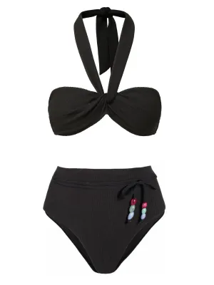 Loryn Swim Top   Belted Hi Waist Hi Leg Bottom Black Texture Opaque Lining