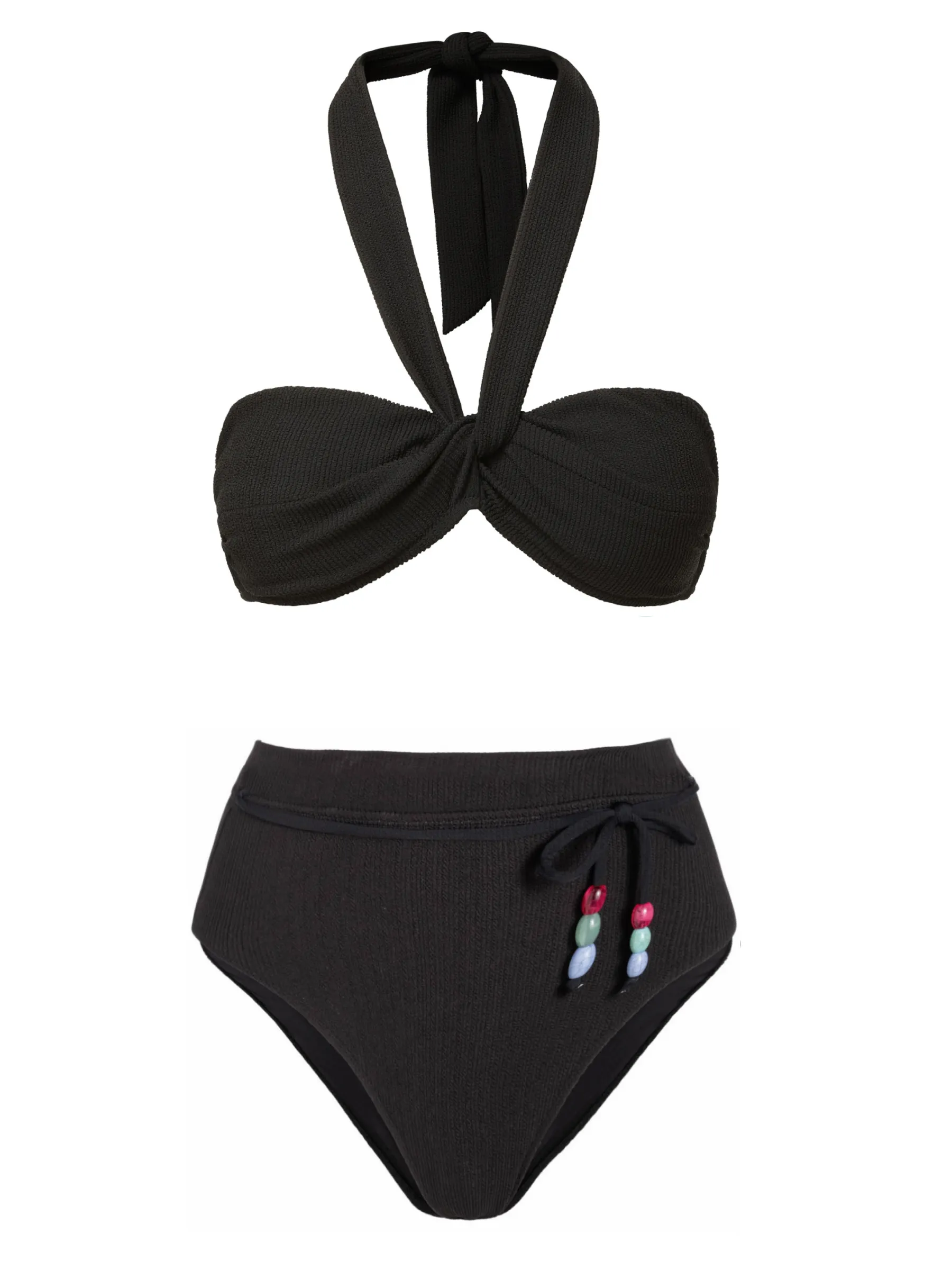 Loryn Swim Top   Belted Hi Waist Hi Leg Bottom Black Texture Opaque Lining