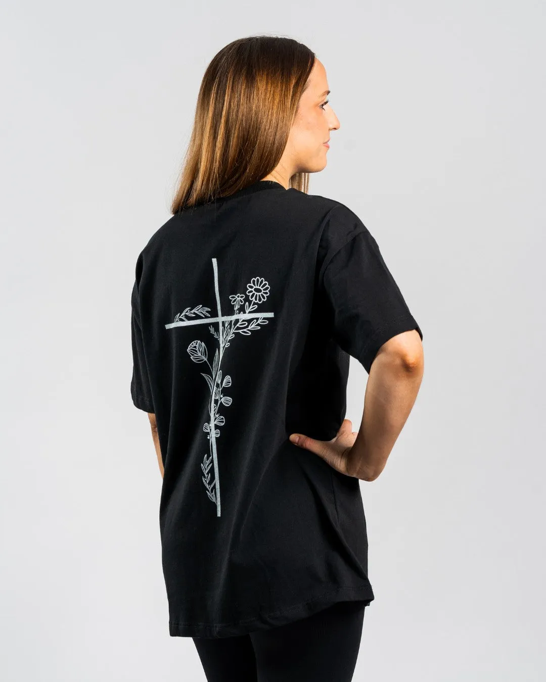 School Uniform Wrinkle Resistant Material 'Floral Cross' Women??s Oversized T-Shirt