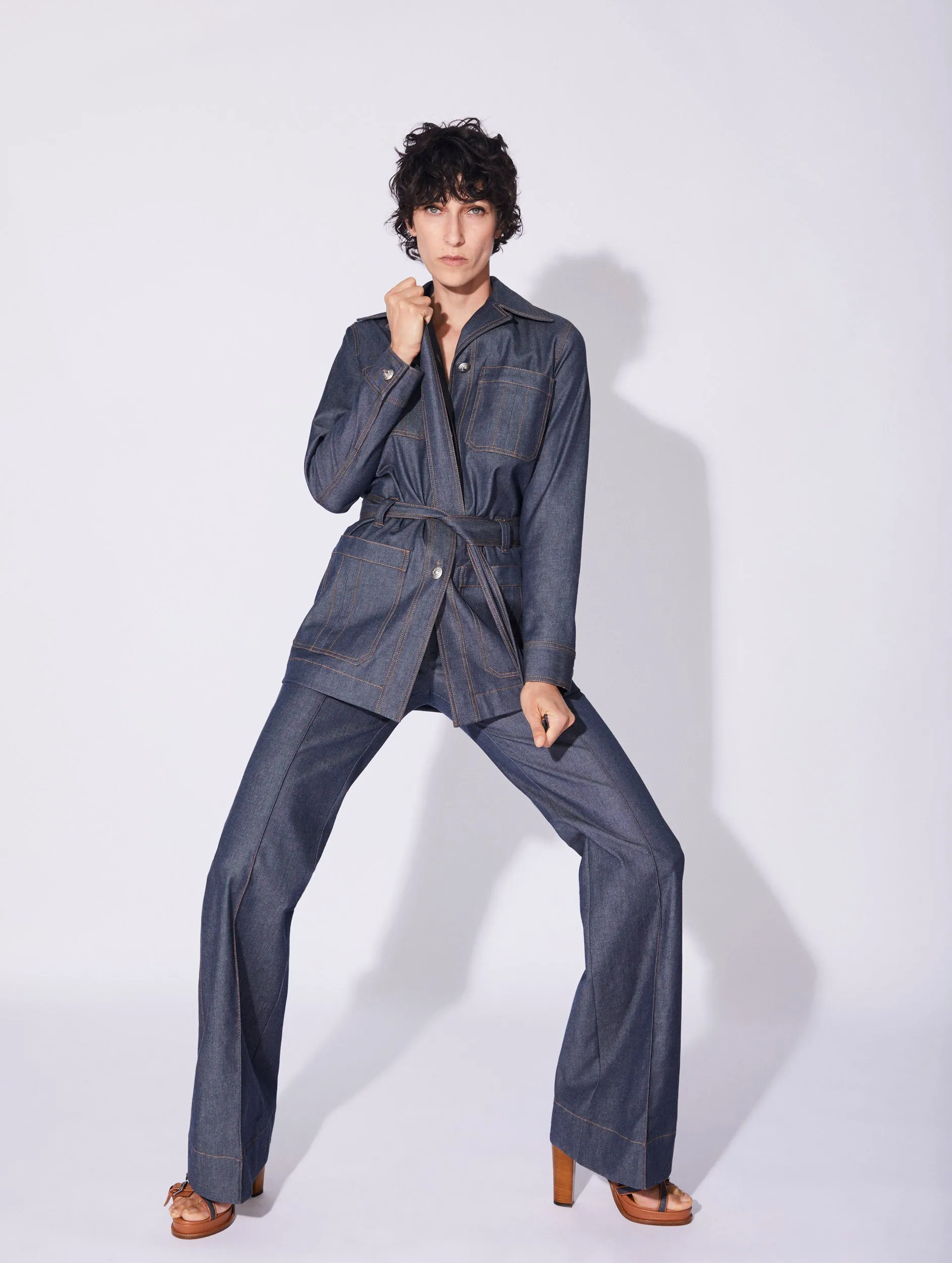 ripstop fabric Blue washed denim flared trousers