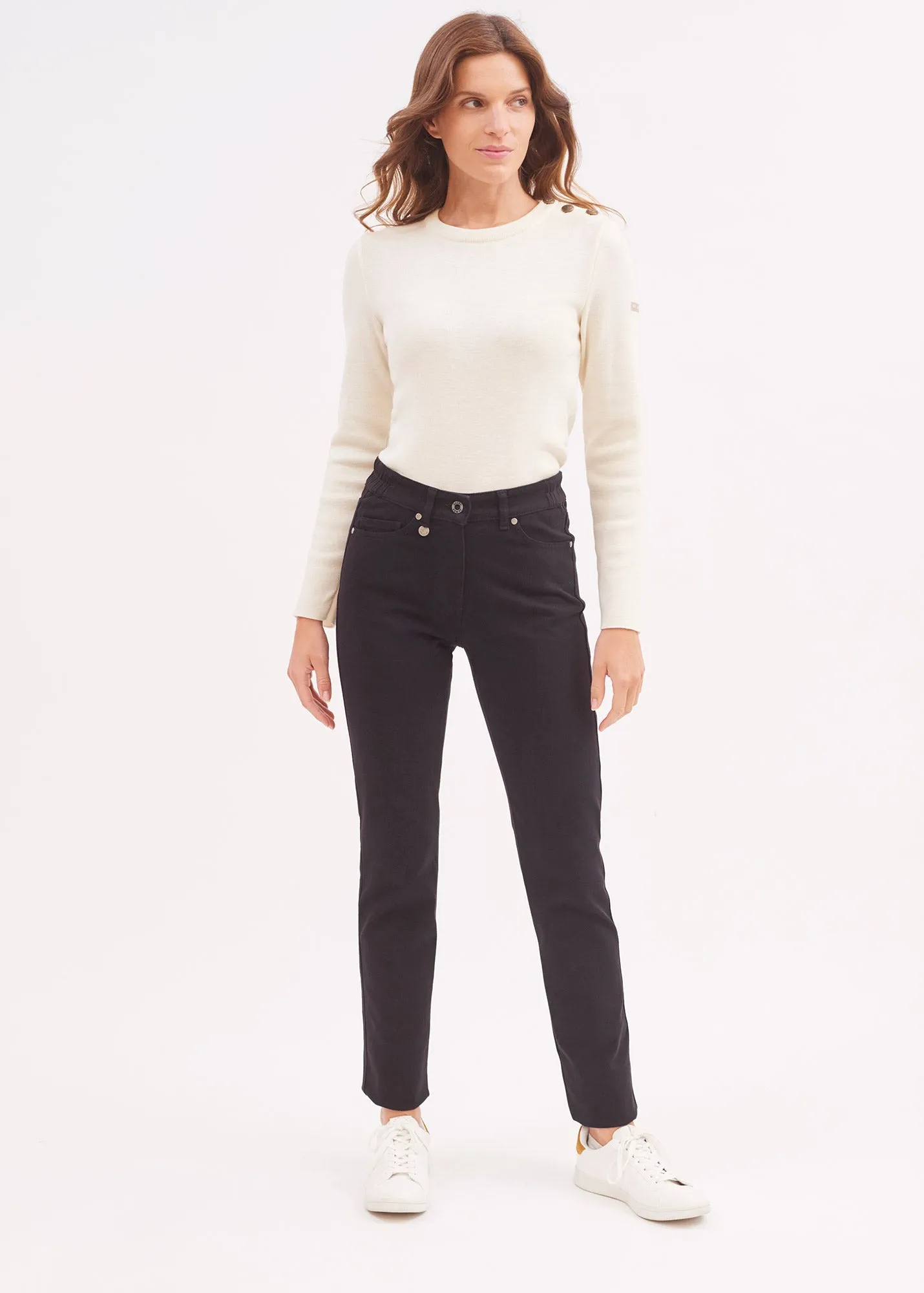Patricia straight pants - elasticated waist, in stretch cotton (NOIR) Stylish Bottom