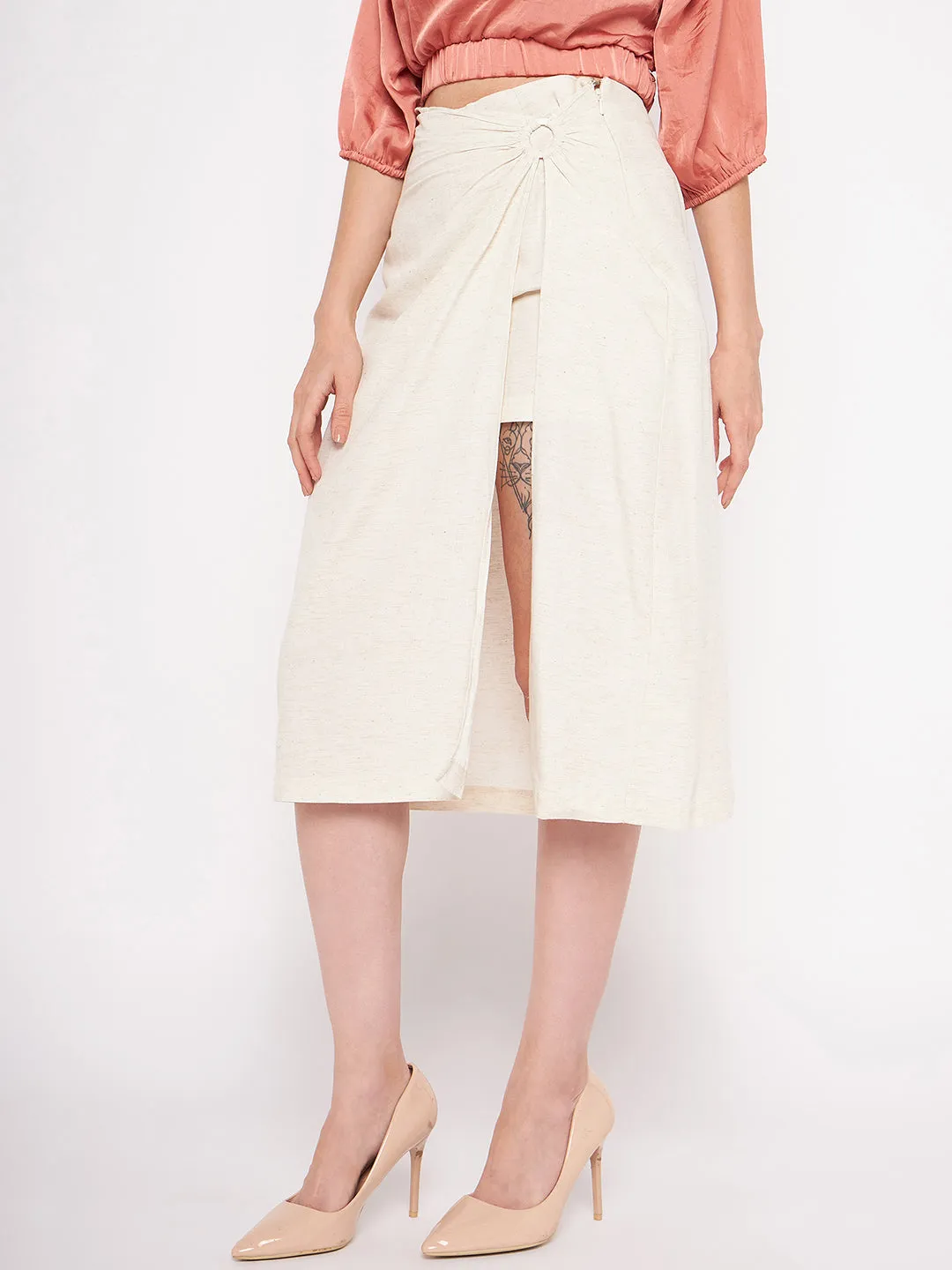 Madame Beige Wrap Cotton Skirt Seamless Sleeve Construction