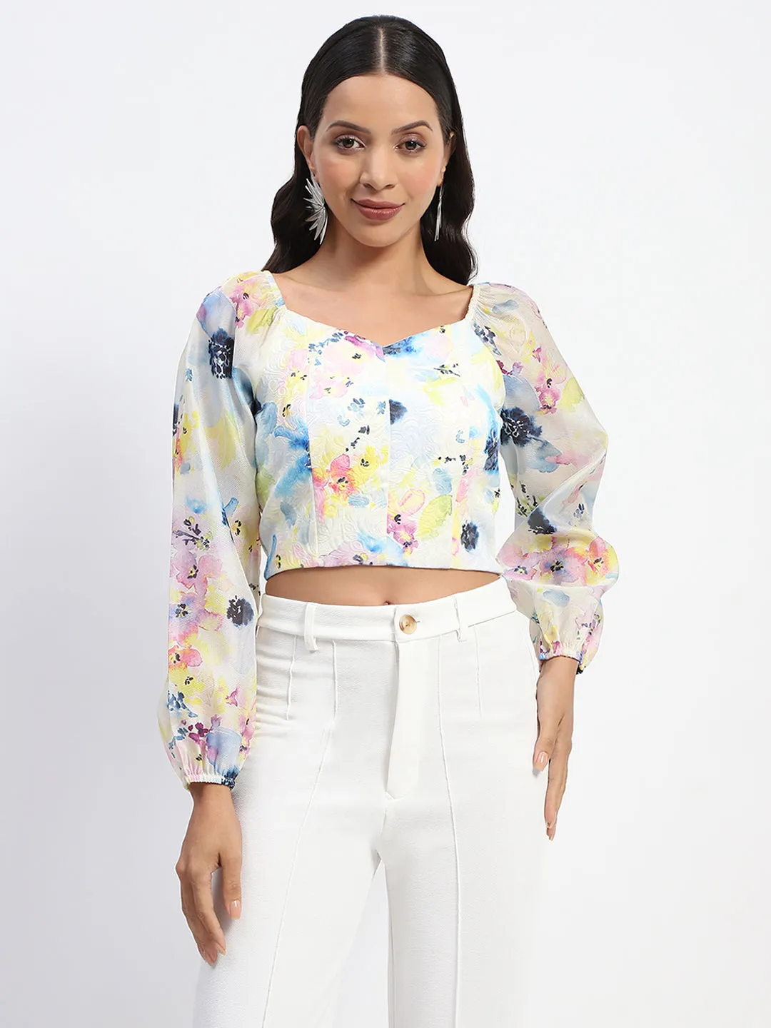 Flexible Apparel Ocean Air Madame Queen Anne Neckline Floral Print Puff Sleeve White Crop Top