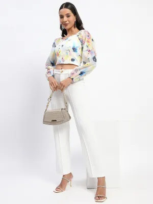 StainReleaseCoating HypoallergenicYarn Madame Queen Anne Neckline Floral Print Puff Sleeve White Crop Top