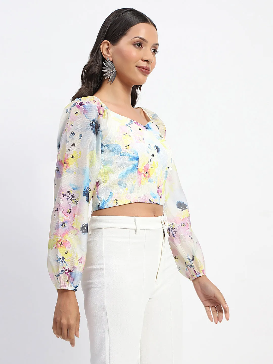 Madame Queen Anne Neckline Floral Print Puff Sleeve White Crop Top Daily Fit Night Charm