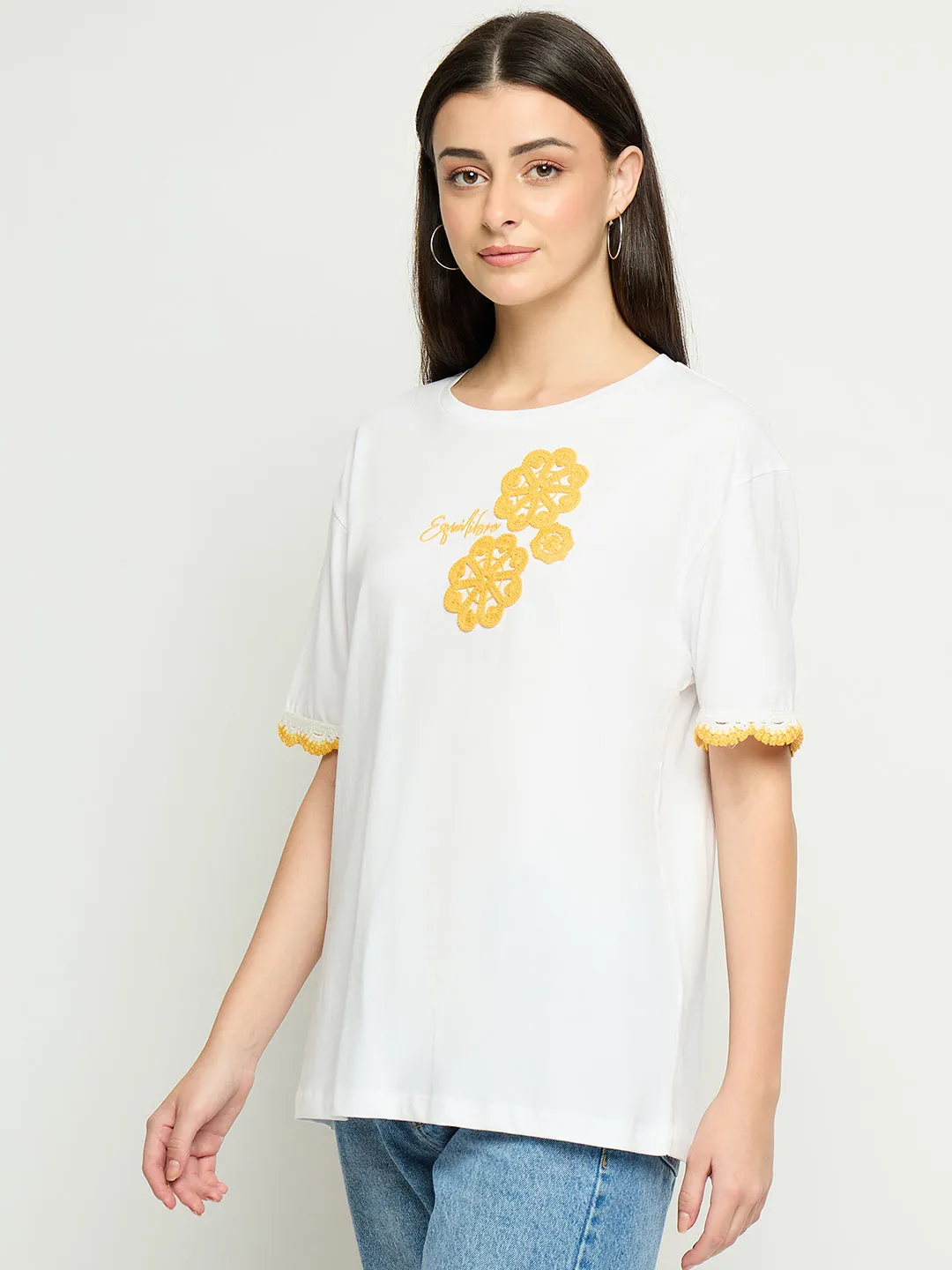 Cozy And Stylish Madame Embroidered White Cotton T-Shirt
