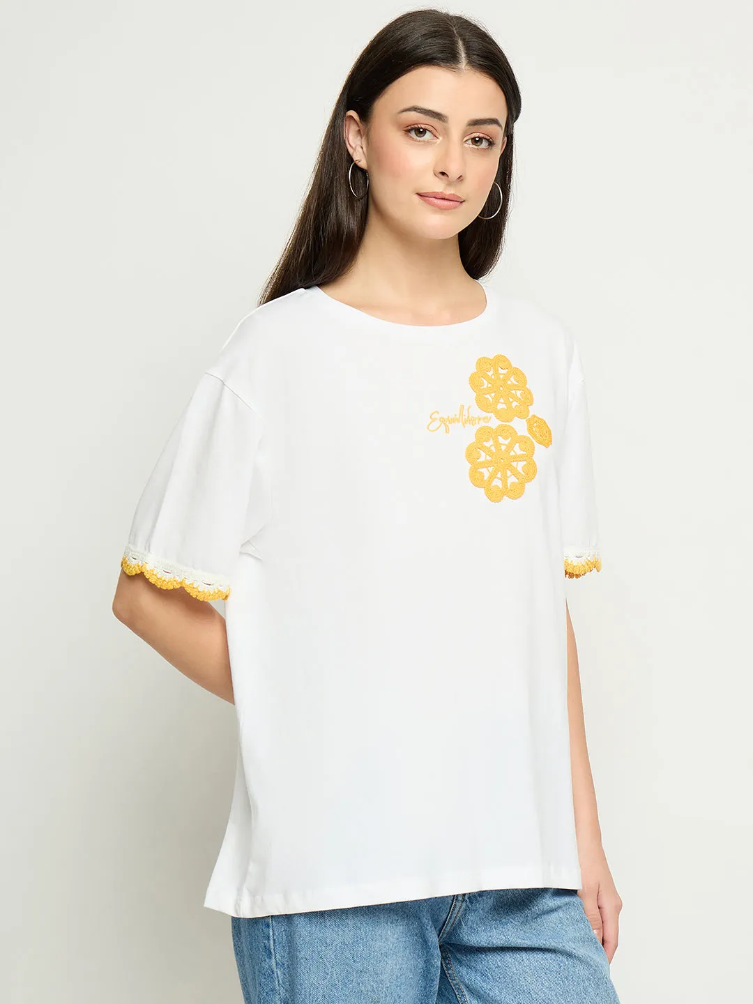 Fun Style Subtle Details Madame Embroidered White Cotton T-Shirt