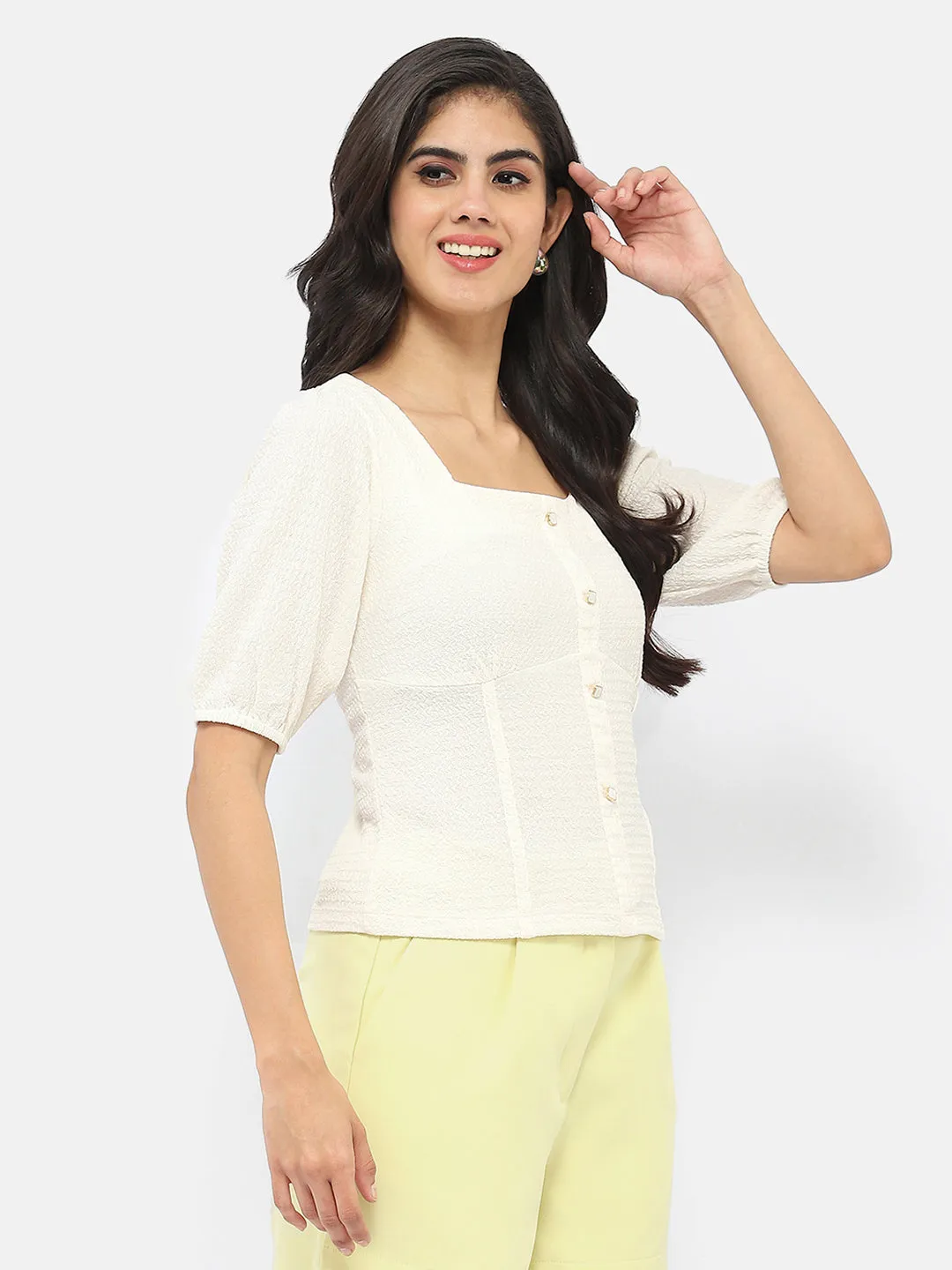 AntiPillFinish QuickAccessPockets Madame Square Neck Off-White Crinkled Top