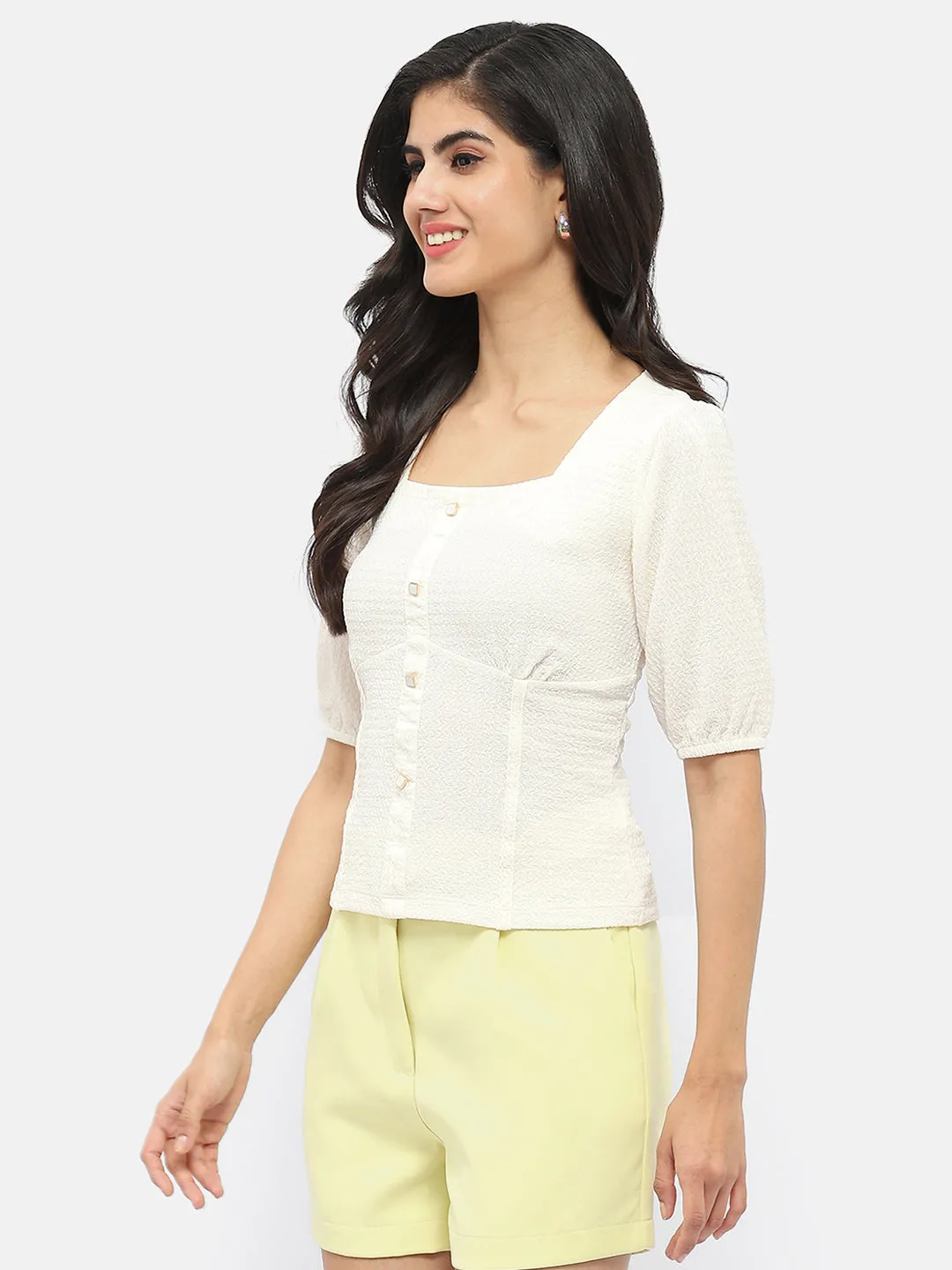 Family Style Madame Square Neck Off-White Crinkled Top