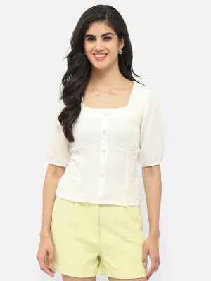 ShapeRetentionCloth Madame Square Neck Off-White Crinkled Top