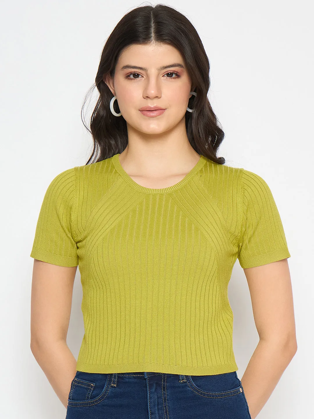 Madame Ribbed Sold Green Knitted Crop Top Diamond Soul